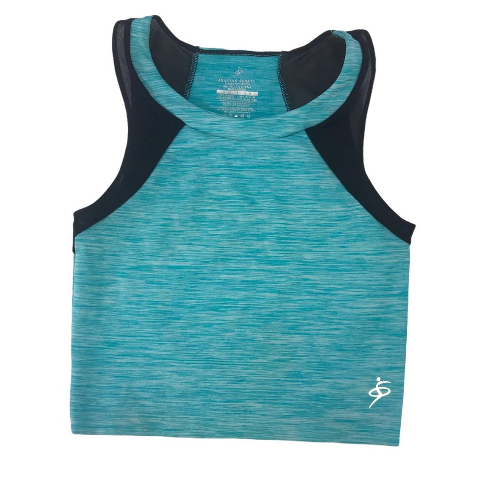 AMAZING SPORTS Crop Top Sports Bra Blue Black Women's Small S/M Stretch Neon